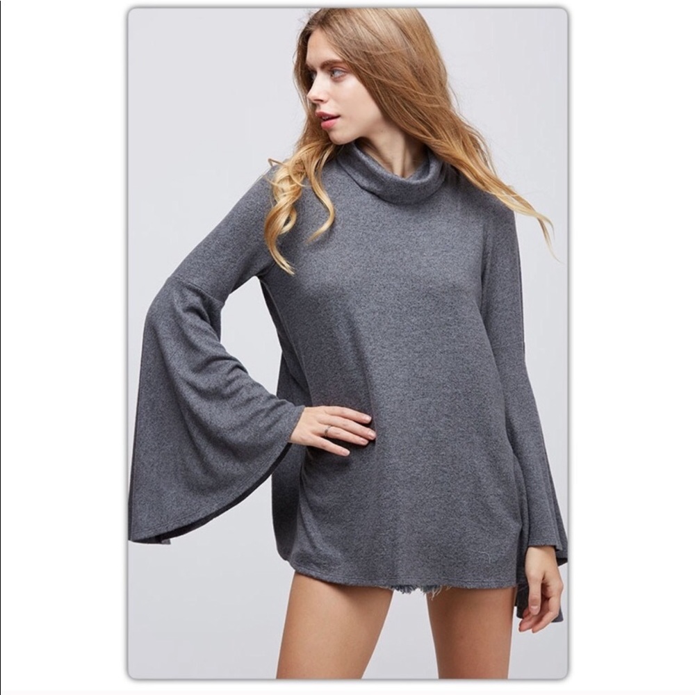 Charcoal Gray Bell Sleeve Open Back Sweater